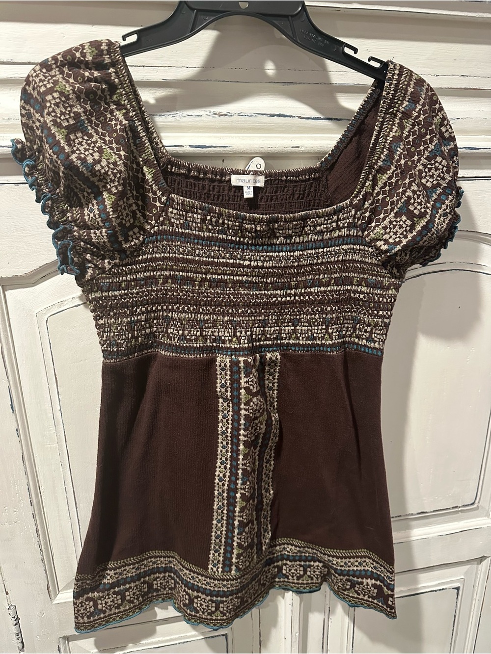 Maurices Brown Smocked Boho Tunic with Blue and Cream Accents